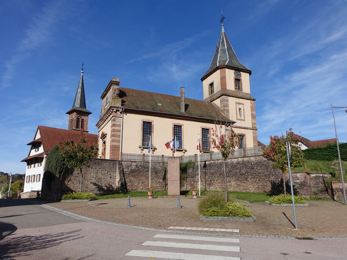 Climbach, evangelische Kirche an der Rue de Soultz, erbaut 1750 (13.10.2024)