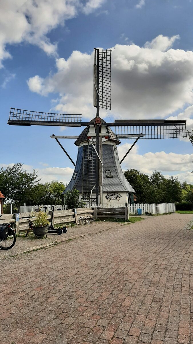 Die Mhle im niederschsischen Werdum, Landkreis Wittmund, am 17.08.24. Die Mhle ist ein Grundsegler (von ndl. grondzeiler), in weiten Bereichen Deutschlands meist Erdhollnder genannt, es sind ebenerdig stehende Hollnderwindmhlen.