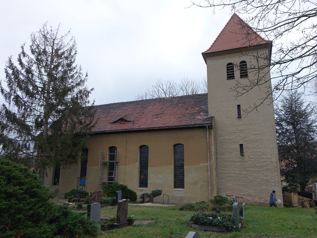 Pratau, evangelische St. Gertrauden Kirche am Marktplatz, verputzter Feldsteinbau aus dem 14. Jahrhundert (10.12.2024)