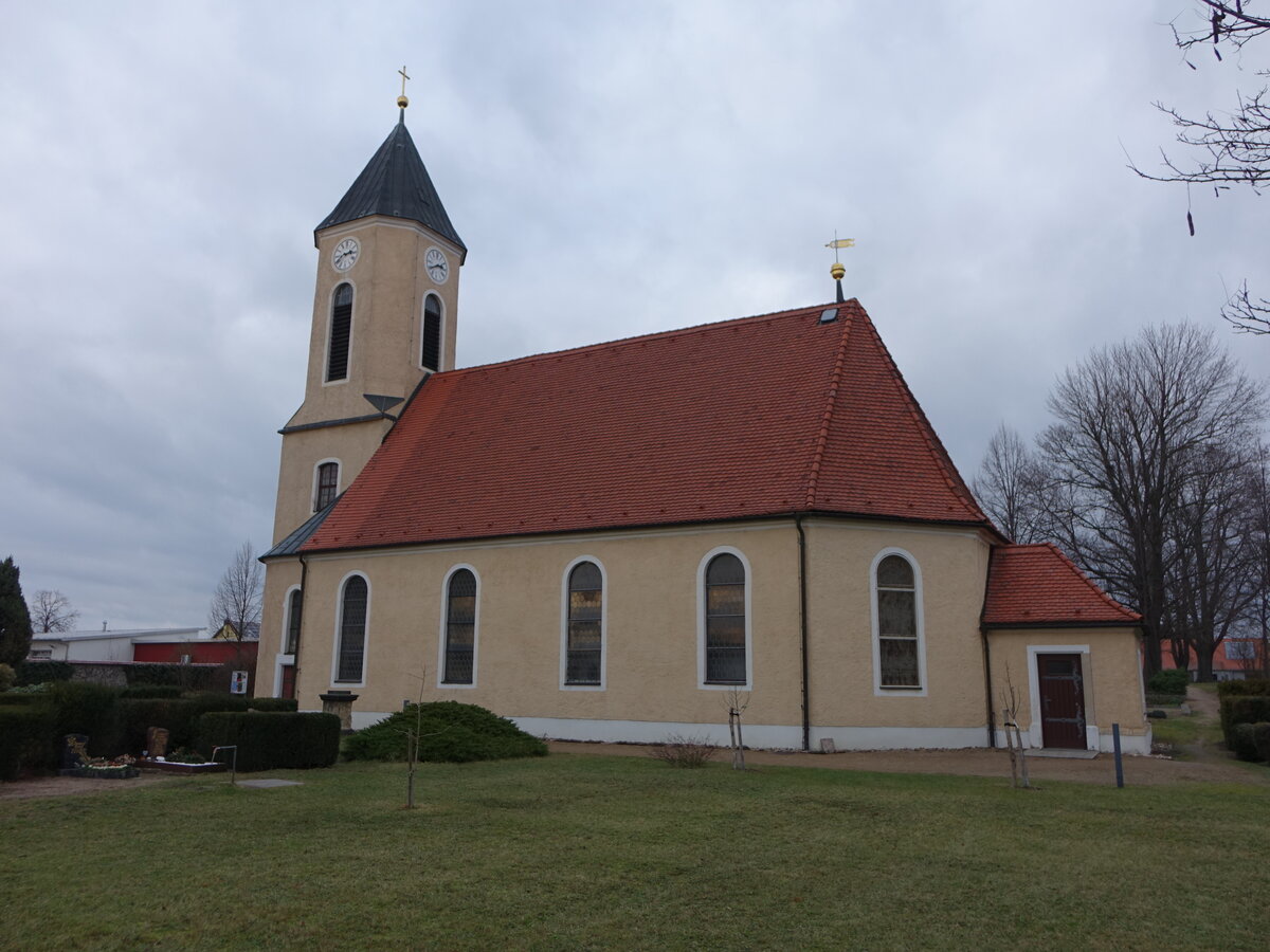 Rderau, evangelische Kirche, erbaut von 1787 bis 1789, Kirchturm von 1817 (17.12.2024)