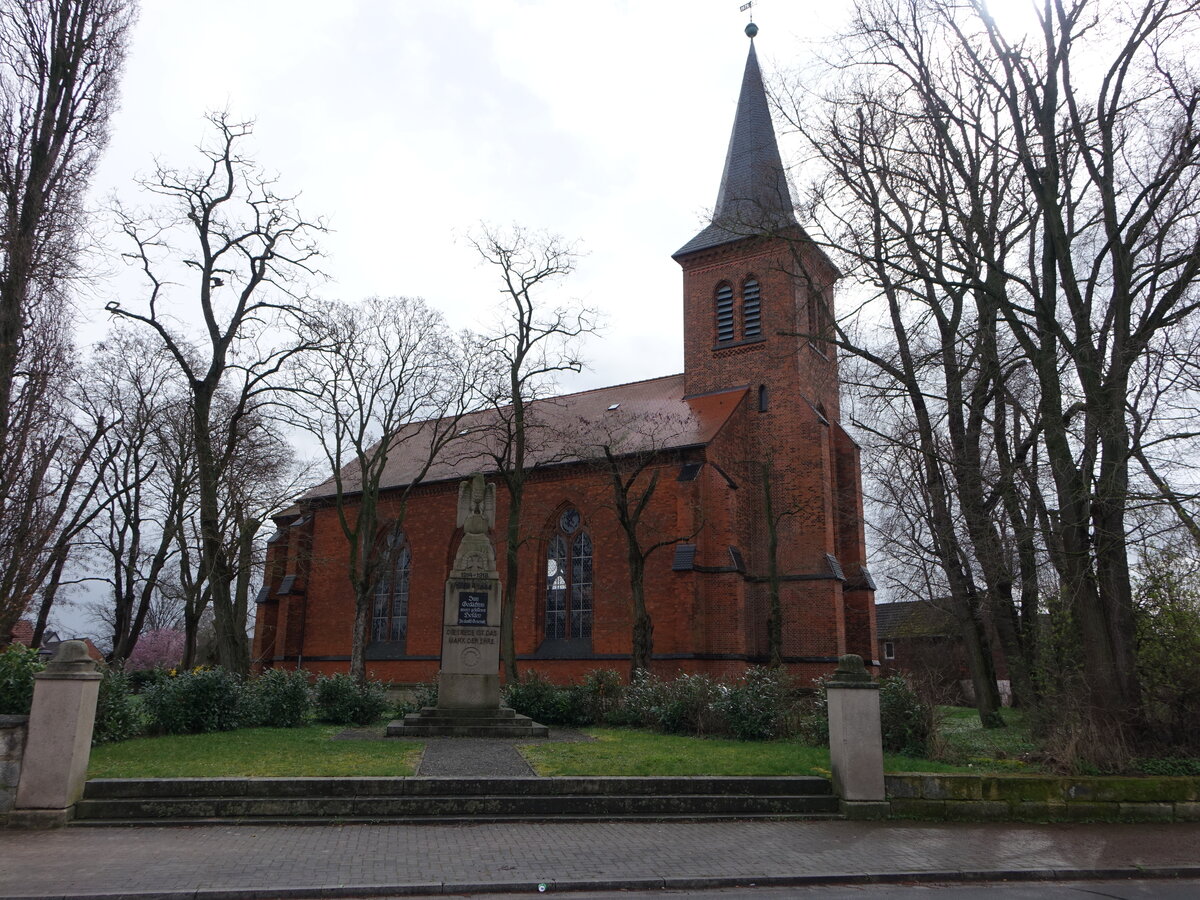 Wackersleben, evangelische St. Abdo und Sennes-Kirche, neugotischer Backsteinbau von 1877 (23.03.2024)