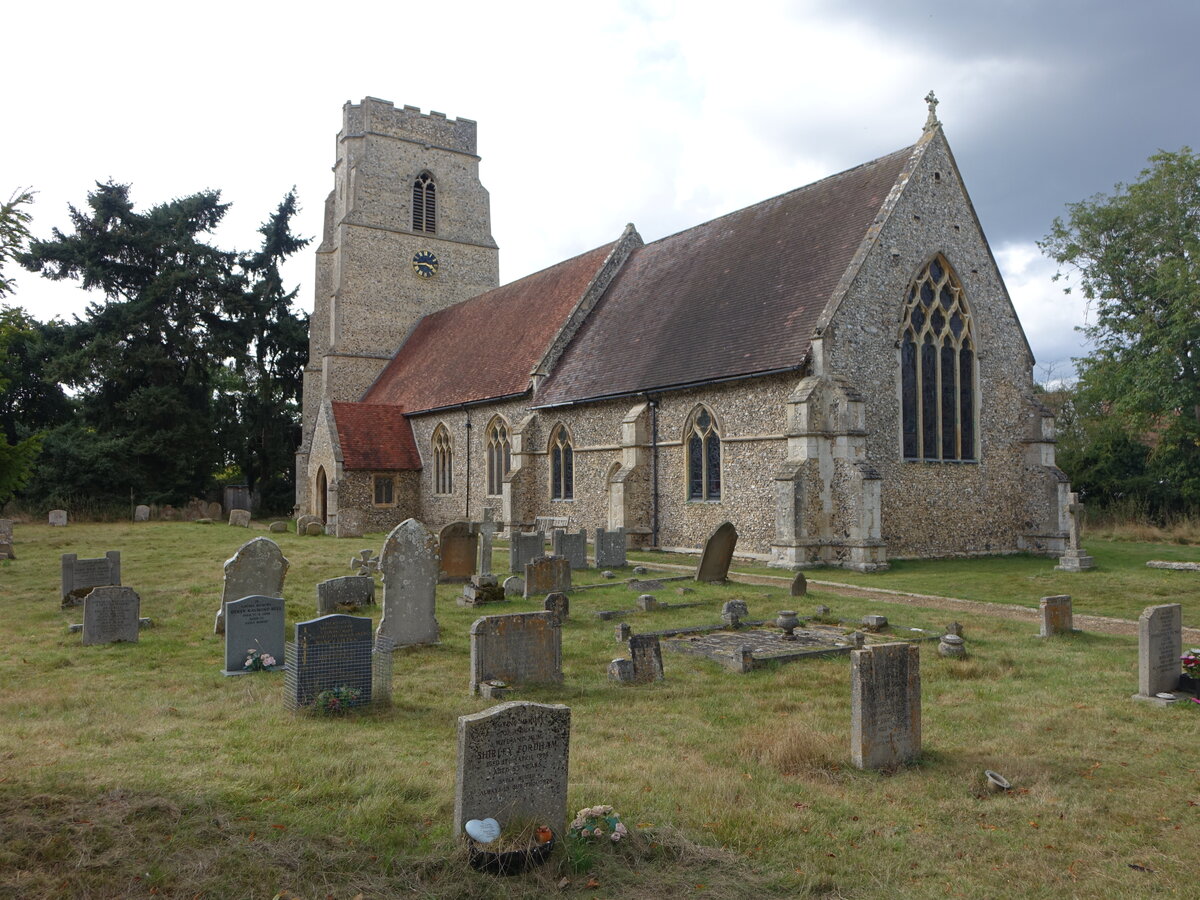 West Stow, Pfarrkirche St. Mary in der Icklingham Road, erbaut im 14. Jahrhundert (12.09.2024)