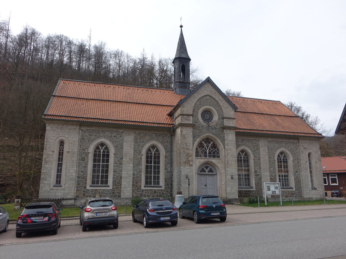 Zorge, evangelische St. Bartholomus Kirche, neugotische Saalkirche, erbaut von 1847 bis 1853 durch den Architekten Carl Theodor Ottmer (22.03.2024)