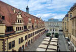 Blick aus dem Fenster des Zeitgeschichtlichen Forums Leipzig auf die Rckseite des Rathauses.