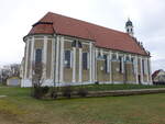 Lehenbhl, Wallfahrtskirche Maria Schnee, Saalbau mit zweigeschossigem Altarraum und Dachreiter, erbaut 1715 durch Christian Anton Weber (22.01.2025)