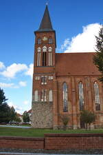 Der Turm der  St.-Marien-Kirche (auch Marienkirche) in Pasewalk am 04.