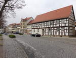 Groitzsch, historisches Fachwerkhaus am Marktplatz (30.03.2024)