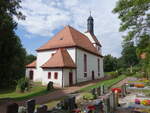 Knigsfeld, evangelische Kirche, schlichte Saalkirche, Kirchturm 15.