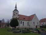 Schnaditz, evangelische Kirche, Kirchturm erbaut 1686, Kirchenschiff erbaut 1716 (13.12.2024)