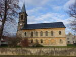 Liebschtz, evangelische Kirche, verputzte Saalkirche im Rundbogenstil, erbaut von 1839 bis 1841 (17.12.2024)