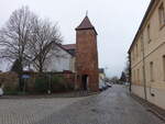 Aken, Burgtorturm am Bismarckplatz, Backsteinturm mit Pyramidenhelm, erbaut um 1500 (08.12.2024)