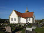 Kongsvinger, evangelische Vinger Kirche am Kirketorvet, hlzerne Kreuzkirche von 1697, Glockenturm von 1855 (22.05.2023)    