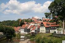 Blick �ber die Ha�lach auf die untere und obere Stadt von Kronach, welche von der Festung Rosenberg gekr�nt wird. Die Aufnahme entstand am 27. Juli 2008.