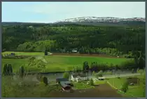 Entlang dem Fluss Gaula reihen sich mehrere Geh�fte des Ortes Haltdalen. Im Hintergrund ist der 956 m hohe Berg Gr�merra zu sehen, der auch am 27.05.2023 hoch teilweise schneebedeckt ist.