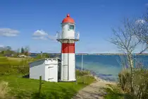 Rinken�s Fyr oder Leuchtturm Rinkenis ist ein kleiner Leuchtturm bei Rinken�s auf der d�nischen Seite der Flensburger F�rde. Aufnahme: 22. April 2024.