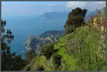 Blick von den Weinbergen bei Volastra auf den Ort Corniglia an der ligurischen K�ste. (19.02.2024)