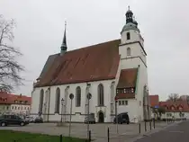 Pegau, evangelische St. Laurentius Kirche, erbaut im 15. Jahrhundert, dreischiffige Hallenkirche aus verputztem Backsteinmauerwerk (30.03.2024)