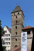 Der Metzgerturm an der Stadtmauer nahe der Donau in Ulm am 20. Juli 2024.