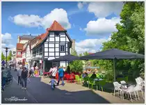 Stra�encaf� in Detmold am Schlossteich, h�bsche Fu�g�ngerzone in der Innenstadt. Aufgenommen am 20. Mai 2025