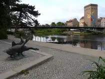 G�nse-Denkmal, 1963 geschaffen und 2004 am Grenzflu� Nei�e positioniert; im Hintergrund die Fu�g�ngerbr�cke welche Deutschland u. Polen, bzw. die St�dte G�rlitz und Zgorzelec verbindet;250508