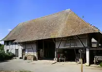 Ungersheim, ECO-Museum, Wohnstallhaus um 1750 aus dem Sundgau, unter einem Dach befinden sich Wohnhaus, Viehstall und Scheune, umgesetzt in Museum 1982, Mai 2025