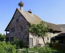 Ungersheim, ECO-Museum, das Wohnhaus von 1660 aus dem Sundgau von der R�ckseite, Mai 2025
