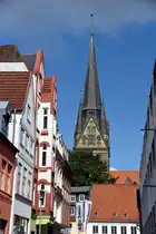 FLENSBURG, 02.09.2023, Blick auf den Turm der Nikolaikirche am S�dermarkt