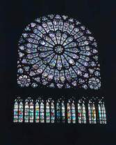 Paris, Kathedrale Notre Dame. Rosenfenster im Querschiff, hochgotisch. Aufw�ndige Glasmalerarbeit. Scan ab Dia, April 1994