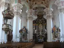 Steinhausen in Oberschwaben,
Innenansicht der  Sch�nsten Dorfkirche der Welt ,
hier entstand von 1727 bis 1733 der erste ovale Freipfeilerraum 
auf deutschem Boden durch die Gebr�der Domenicus und Baptist Zimmermann,
April 2010
