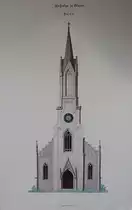 Glarus, Stadtkirche. Aufnahme des Originalplans mit nicht ausgef�hrter Variante Einturmfassade, der so genannten  Rakete . Anl�sslich GSK-F�hrung durch Jacques Hauser vor der Kirche pr�sentiert. Die Pl�ne sind nun wieder im Glarner Archiv. Aufnahme vom 05. Juni 2010, 15:34