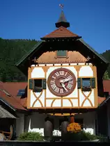 Triberg im Schwarzwald,
ein Denkmal f�r eine weltweit bekannte Schwarzw�lder Spezialit�t,
die gr��te Kuckucksuhr der Welt, Nachbau eines Original-Uhrwerkes in Holz im Ma�stab 60:1, Gesamtgewicht 6t, das Pendel ist 8m lang und 100kg schwer,
kann auch innen besichtigt werden,
Aug.2010