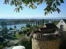 Breisach am Rhein, Blick vom Burgberg auf den Rhein und die franz�sische Seite, im Hintergrund die Vogesen, Okt.2010