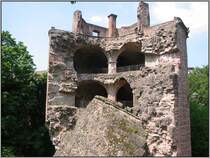 Das Heidelberger Schlo� am 11.05.2006. Im Bild die Ruine eines Turms, der im Jahr 1693 von franz�sischen Soldaten im Pf�lzer Erbfolgekrieg gesprengt wurde (lt. Wikipedia). Hier kann man gut die Dicke der Mauern erkennen, ebenso die abgesprengte Mauerschale.