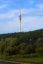 Der Fernsehturm in Dresden-Wachwitz, erbaut 1963-1969, H�he 252 Meter. Er dient heute ausschlie�lich der technischen Nutzung durch die Telekom. Bis 1991 befand sich im oberen Bereich (kupferfarbene Scheiben) ein zweigeschossiges Ausflugsrestaurant (145m) und dar�ber, auf 148m eine offen liegende Aussichtsplattform. Sowohl von dieser, als auch vom Restaurant, hat man einen fantastischen Blick auf Dresden und die S�chsische Schweiz. Da bis heute kein Investor gefunden werden konnte, der die sehr hohen Investitions- und Betriebskosten, insbesondere f�r die zwei Schnellaufz�ge, �bernehmen wollte, ist der Turm seit 1991 f�r den Tourismusverkehr nicht mehr zug�nglich!
(Aufnahme vom 06.10.2011 von Bord des MS  August der Starke )