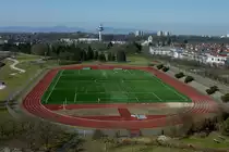 Freiburg im Breisgau, Blick vom Seeparkturm auf die Sportanlage im Seepark, M�rz 2012 