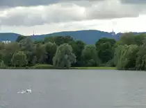 Aufnahme am Rande des Hessentages, Blick vom Buga-Park hin�ber zum Herkules, mit auf der Aufnahme eine Schwan-Mutter mit ihren Jungen (23.6.2013).