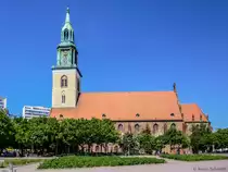 Die Marienkirche am Berliner Alexanderplatz erinnert an das einst dicht bebaute Marienviertel, heute ist sie von Baumbest�nden umgeben. (02.08.2013)