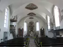 Nenzingen, Alt�re und Kanzel der St. Ulrich Kirche, Deckengem�lde vom Maler Kollek aus Konstanz (23.02.2014)