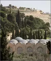. Kirche der Nationen unter dem �lberg -

Blick auf das Kuppeldach und die Nordfassade der Kirche der Nationen am Garten Gethsemane. Oben rechts ein Teil des j�dischen Friedhofes am Hang des �lbergs.

Jerusalem, 19.03.2014 (Matthias)