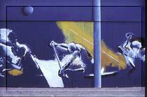 Bauzaun am Calderoni Hochhaus in Duisburg w�hrend der Universiade (Studentenolympiade) 1989 !!