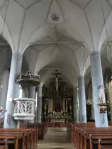 Schladming, Pfarrkirche St. Achatius, erbaut von 1522 bis 1532, sp�tgotisch, Hochaltar 1702 von Peter Hafner (31.07.2014)