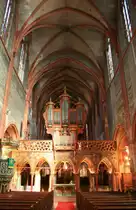 Stra�burg, Saint-Pierre-le-Jeune Kirche, gotischer Hauptbau aus dem 14. Jahrhundert, 
Kreuzrippengew�lbe, Lettnerorgel von Johann Andreas Silbermann, erbaut 1780 (03.10.2014)