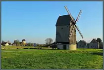 Am 28.10.2014 beleuchtet das Abendlicht die 1836 errichtete Bockwindm�hle von Langeneichst�dt. 1959 ging sie au�er Betrieb, konnte aber erhalten werden. Seit 1991 ist die M�hle ein technisches Denkmal und wurde in den Folgejahren saniert (Quelle: Heimatverein Langeneichst�dt). Links im Hintergrund die im 11. Jahrhundert errichtete Kirche St. Wenzel.