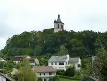 Lahnstein, Blick zur weithin sichtbaren Kirche auf dem Allerheiligenberg, ca.170m �ber der Lahn, Sept.2014