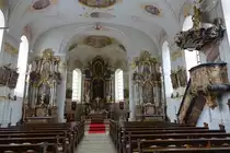 Stimpfach, barocker Innenraum der St. Georg Kirche, Gem�lde von Maler Wiedemann, Kanzel von Waizmann, Stuck von Hansj�rg Ratgeb (15.02.2015)