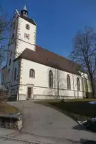 M�ssingen, Ev. Peter und Paul Kirche, erbaut von 1517 bis 1527, unterer Teil des Kirchturms von 1367 (19.02.2015)
