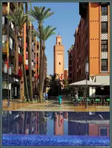 Rund um den Place du 16 Novembre in der Neustadt von Marrakesch wurden Parkanlagen angelegt. Hier sind neben Gesch�ften und Restaurants auch hochwertige Wohnungen zu finden. Im Hintergrund ist das Minarett der Hasan II-Moschee zu sehen. (Marrakesch, 17.11.2015)