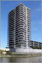 �berseestadt Bremen. Der 20-geschossige Landmark Tower von der Weser aus gesehen. 07.09.2016