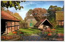 Freilichtmuseum, Heimathaus-Gel�nde Rotenburg an der W�mme, Herbst 2016.
Im Bild der Biergarten und das Backhaus.