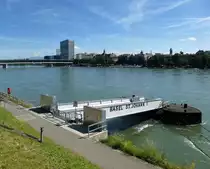 Basel, die Schiffsanlegestelle St.Johann 1, dahinter die Dreirosenbr�cke, Juli 2016
